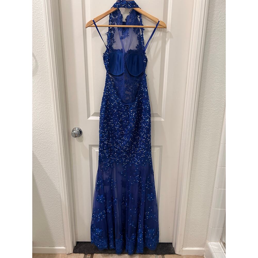 Jovani Royal Blue Beaded Illusion Halter Floor Length Gown Dress Size 6 - Picture 9 of 11